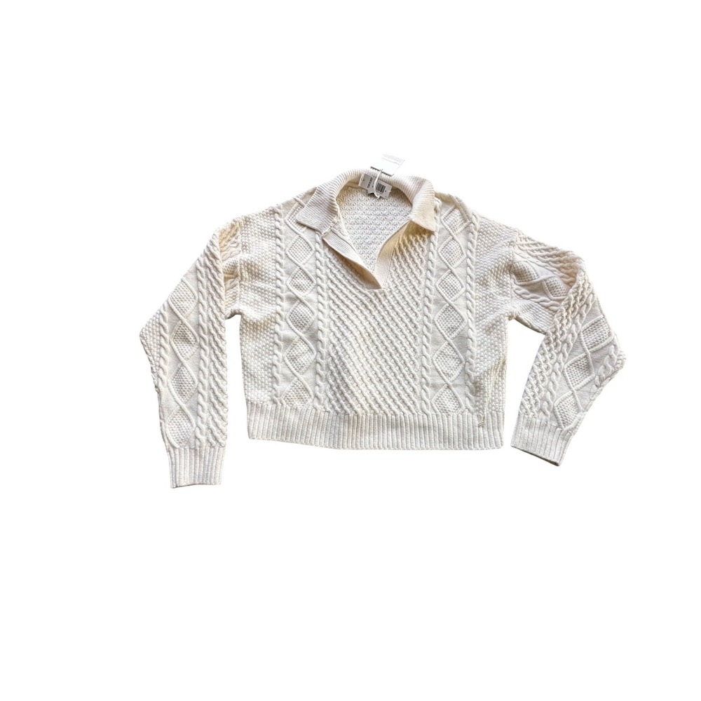 Aritzia Sunday Best Lottie Polo Sweater Whisper White Cable Knit Wool Blend LG
